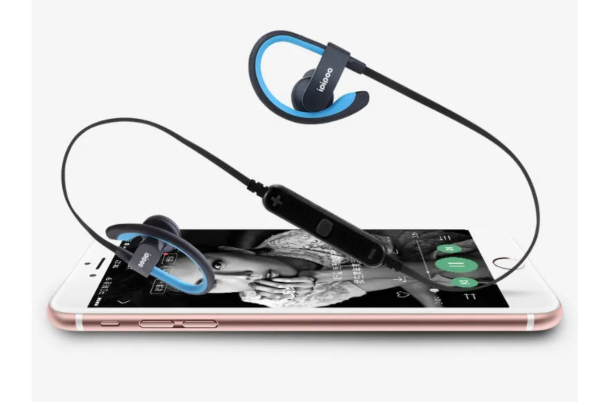 Blue wireless sports headphones with earplug design shown from the side.