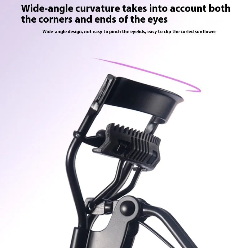 A4 manual eyelash curler with comb in black ribbon finish, carbon steel and ABS construction.
