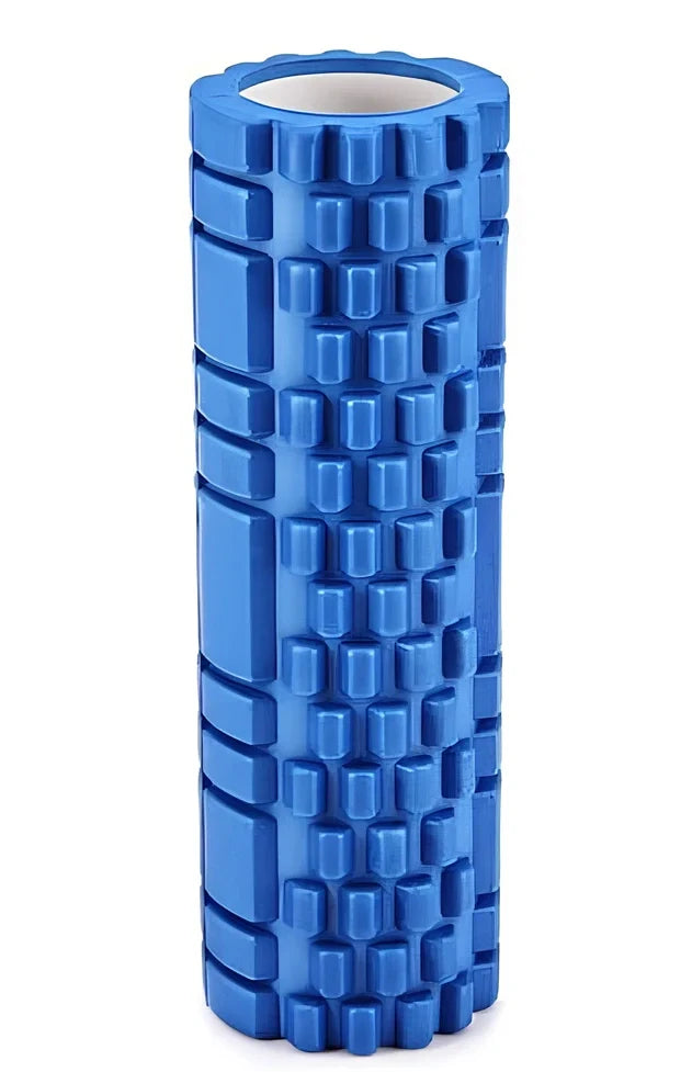 Blue EVA yoga foam roller 30cm long with massage points for muscle recovery