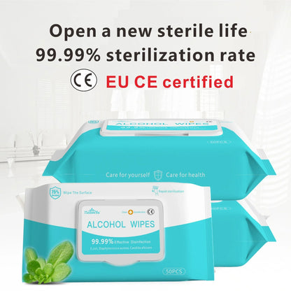 50PCS alcohol wipes for effective disinfection, measuring 180mm x 150mm