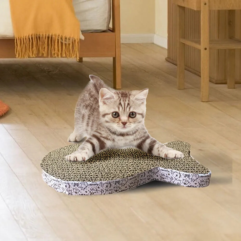 Three cat scratcher shapes: fish, butterfly, and cat head in corrugated paper