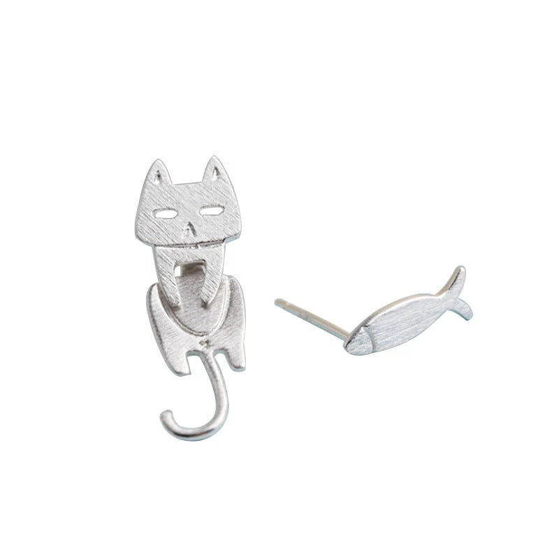 S925 sterling silver stud earrings with cat and fish design, hypoallergenic