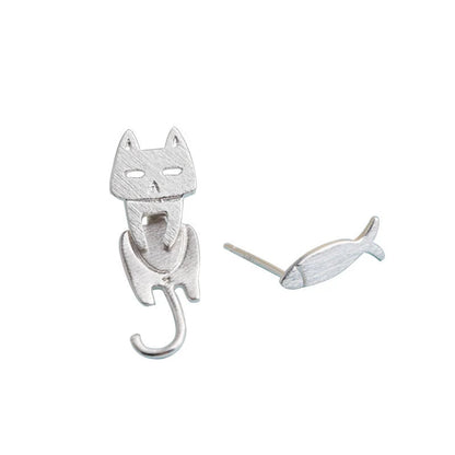 S925 sterling silver stud earrings with cat and fish design, hypoallergenic