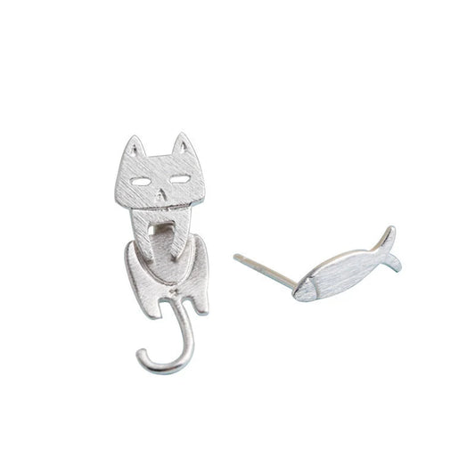 S925 sterling silver stud earrings with cat and fish design, hypoallergenic