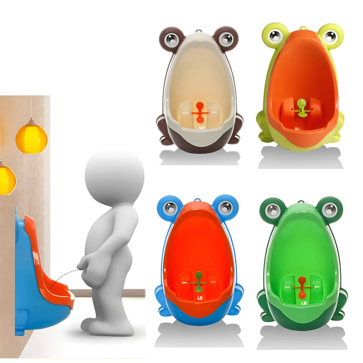 Frog-shaped baby potty toilet in yellow orange with rotating windmill and sucker base