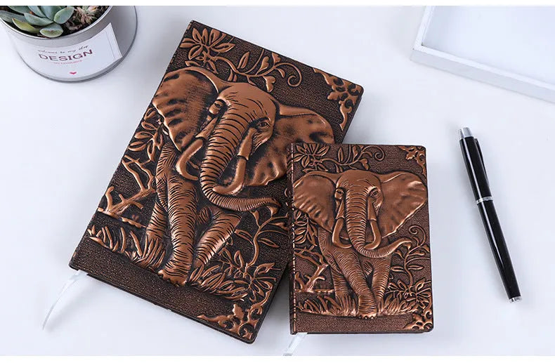 European-style embossed PU hardcover notebook with beige paper pages, 13.5x20.5cm, brushed bronze accents