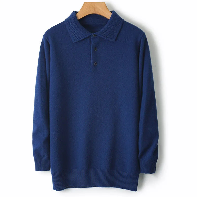 Men's grey woolen pullover sweater with a polo collar, shown on a hanger.