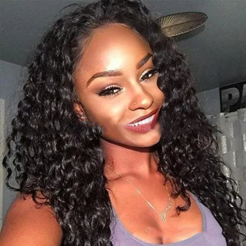 Black synthetic hair curler wig for women, 65cm length with adjustable size, side view