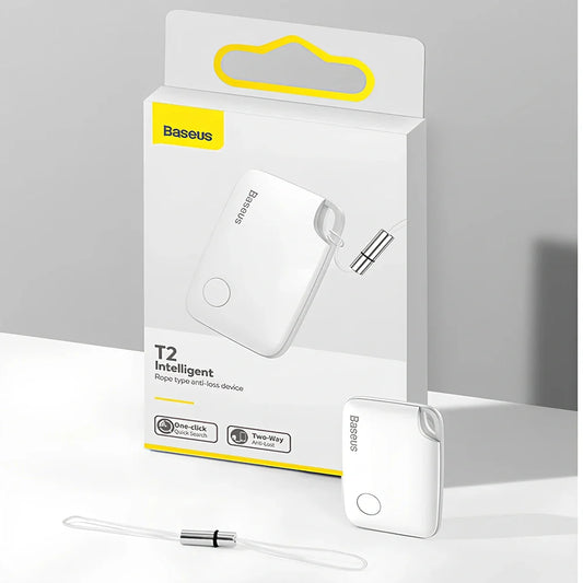 White Bluetooth mini anti-lost pager device, 37x25x6mm size, 5g weight with key attachment loop