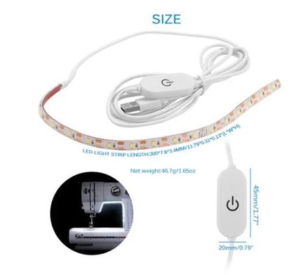 Sewing machine LED light strip with touch-sensitive dimming controls, providing ample illumination for crafting projects