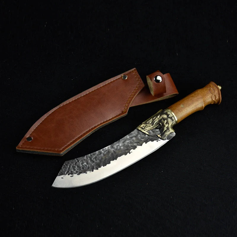 Hand-forged slicing knife with rosewood handle and leather case