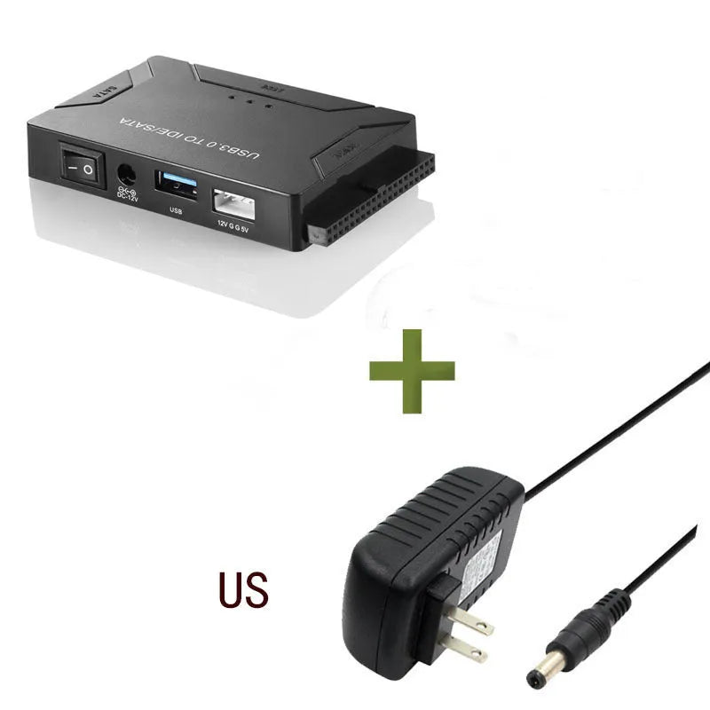 USB to IDE multifunctional converter adapter with SATA and IDE ports, power supply, and cables