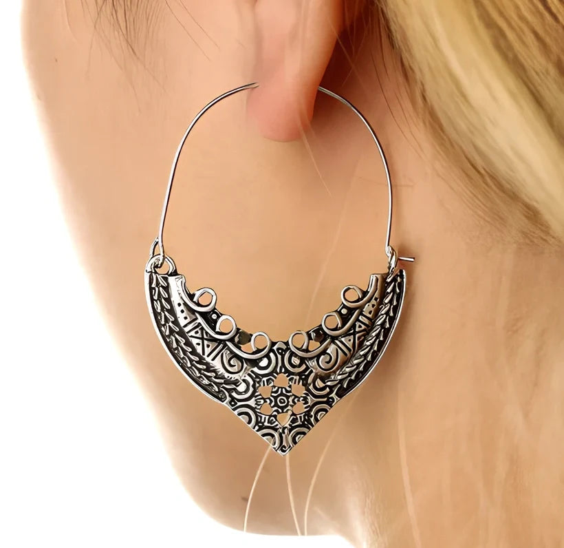 Pair of bohemian ethnic alloy earrings with 5cm geometric plated design for women's fashion
