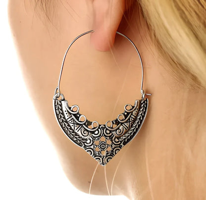 Pair of bohemian ethnic alloy earrings with 5cm geometric plated design for women's fashion