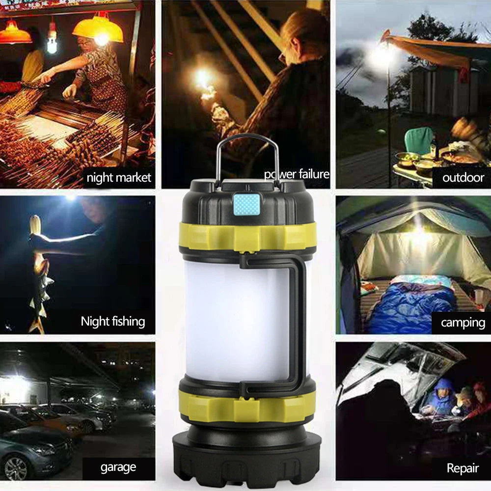 Green rechargeable outdoor camping light with power bank functionality