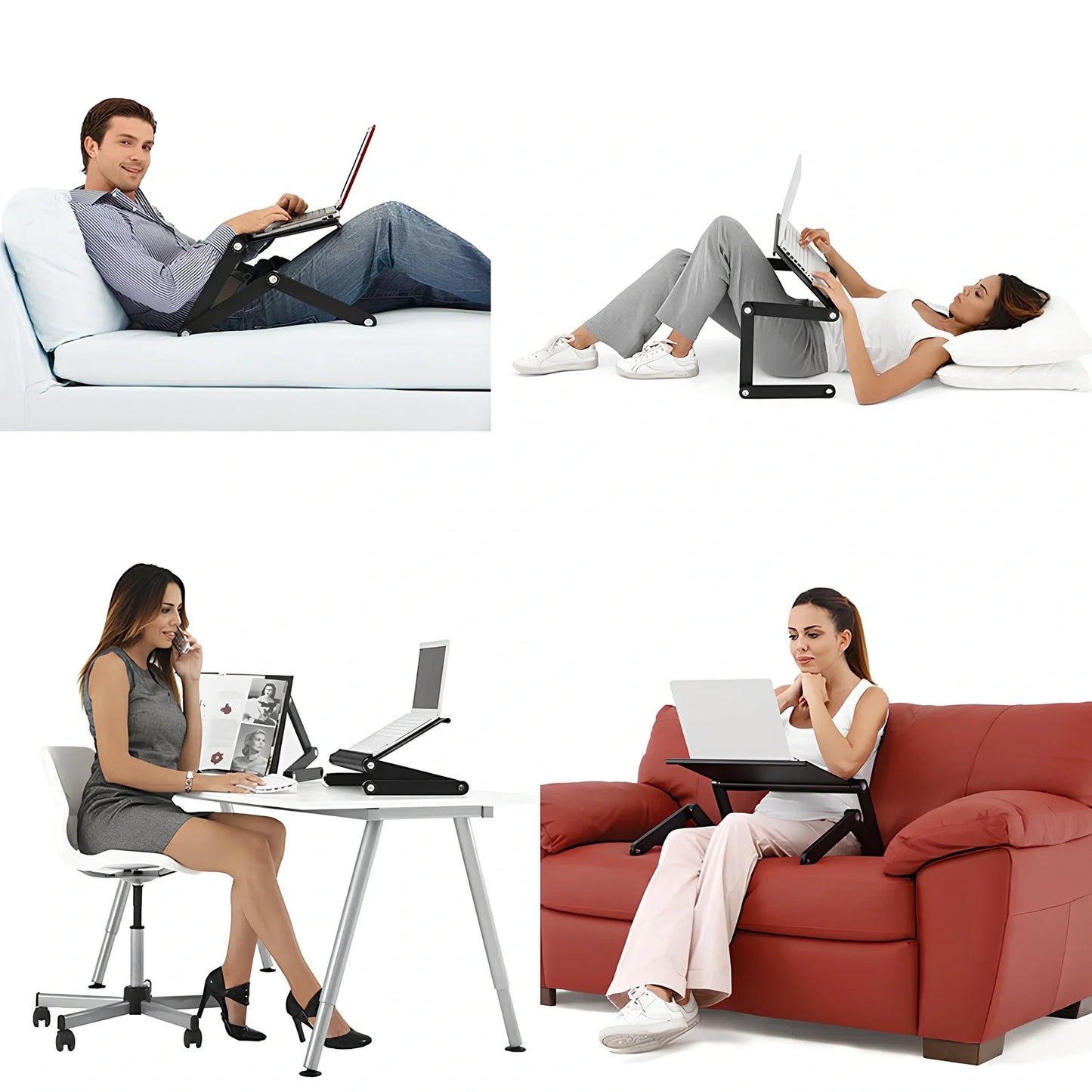 Adjustable aluminium laptop stand with cooling fan in black colour, showing height adjustment mechanism