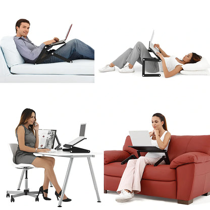 Adjustable aluminium laptop stand with cooling fan in black colour, showing height adjustment mechanism