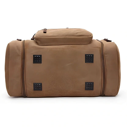 Men's canvas travel bag in army green with waterproof breathable canvas, soft handle, and cotton lining for dry travel packing