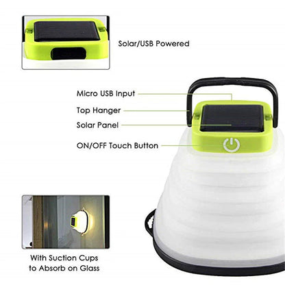 Collapsible solar-powered camping lantern with adjustable brightness levels and waterproof construction