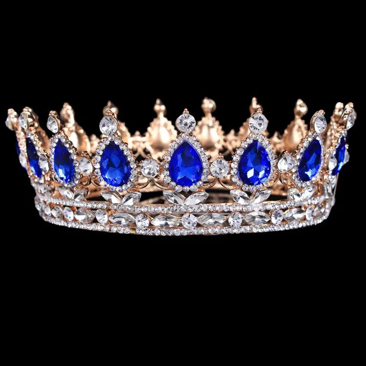 Baroque bridal crown headdress with rhinestones, alloy construction, 12.5cm diameter, gold finish