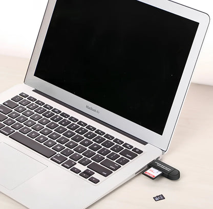 Black three-in-one card reader with Micro USB and USB connectors for Android devices