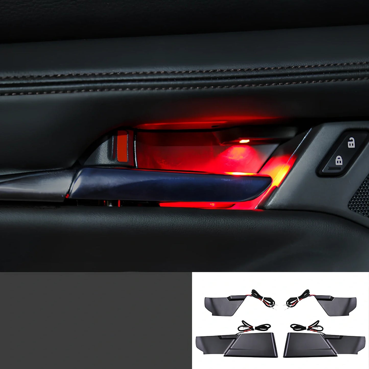 Angkesaila ABS door bowl LED light kit in blue, red, white options with exploded view for car modification