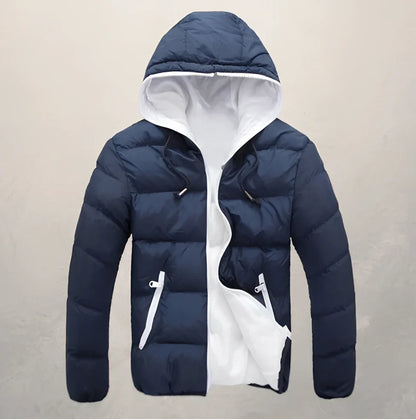 Blue hooded men's jacket with zipper, cotton filling, side pockets, M size 60 cm length and 104 cm bust