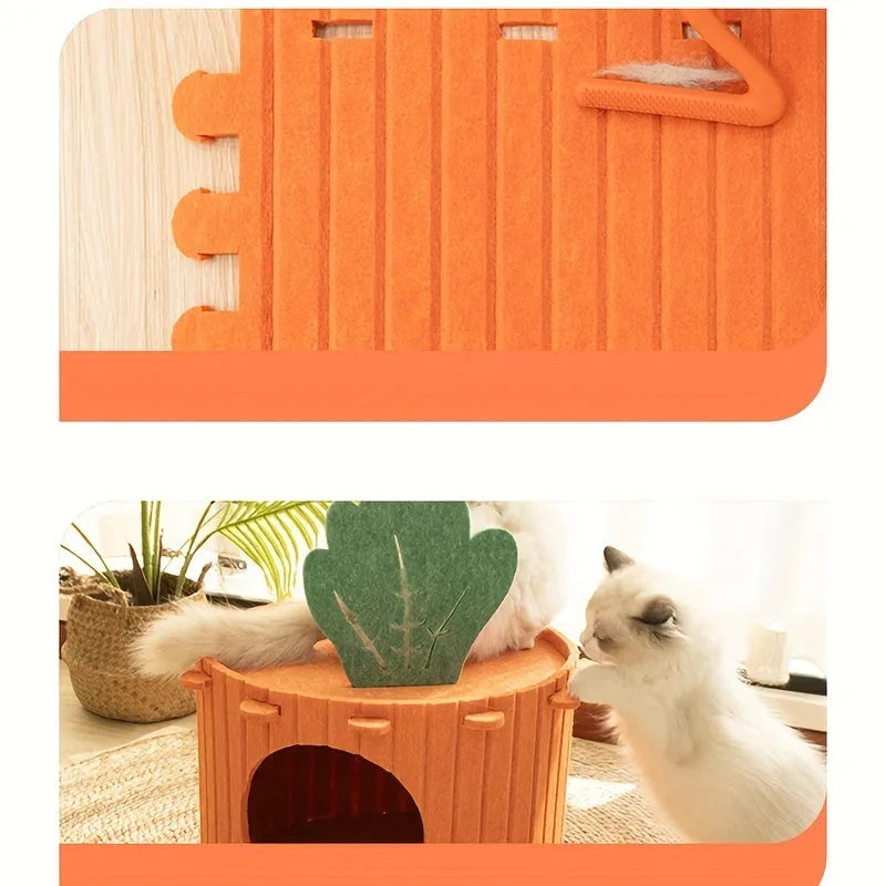 Carrot-shaped felt cat tunnel nest with semi-enclosed design and drilled pattern