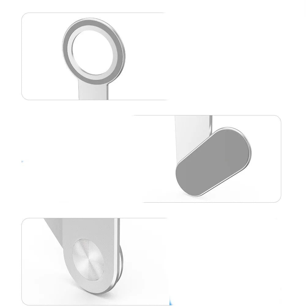 Silver aluminium alloy magnetic extension holder for mobile phones on a desktop.