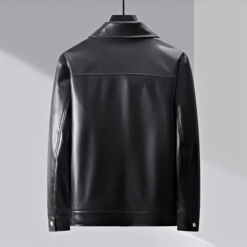 Men's lapel business casual jacket in black artificial leather, loose fit, 50cm length