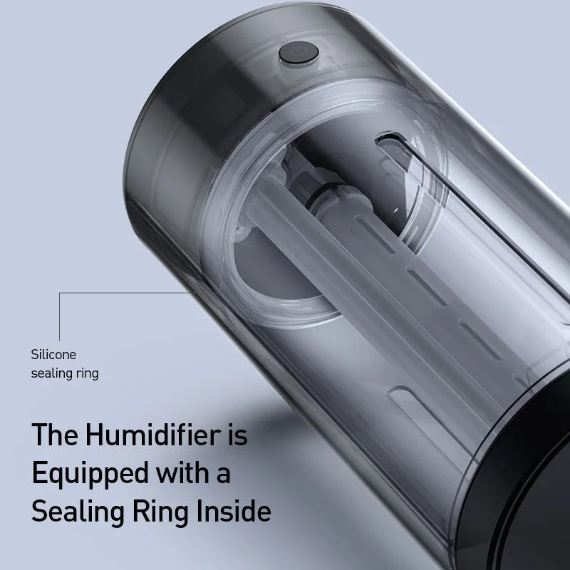 Black or dark grey 12V car diffuser and humidifier with aluminium alloy body for air purification.