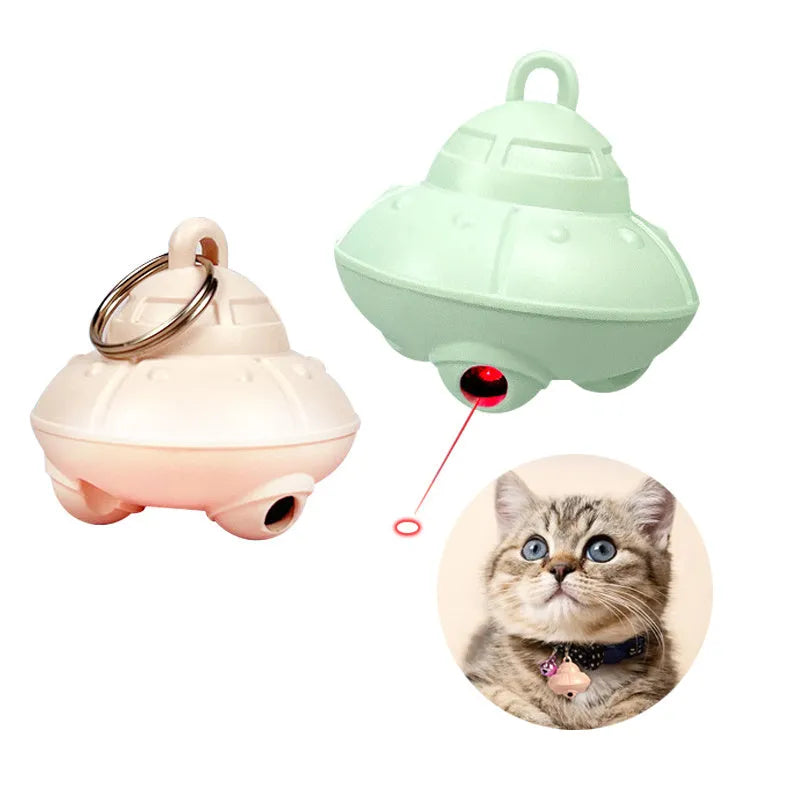 Green automatic cat laser toy attached to collar showing 360-degree rotation feature