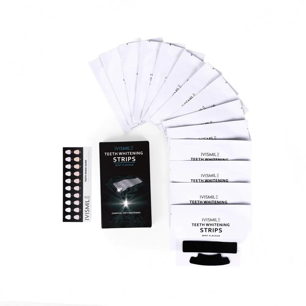 Teeth whitening strips in aluminium film packet with coconut activated carbon and sodium bicarbonate
