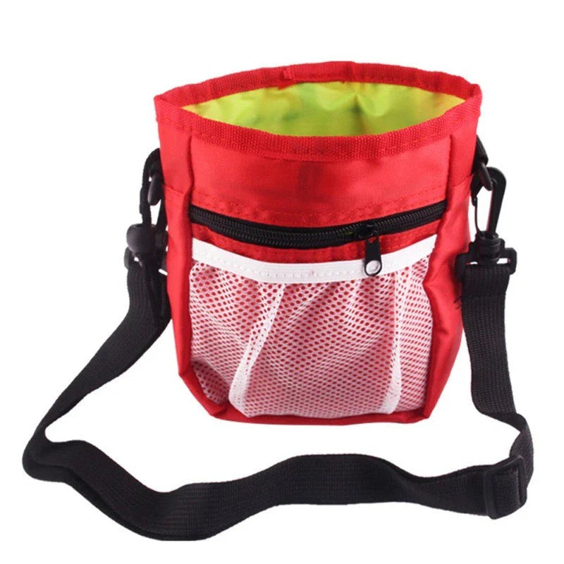Drawstring pocket dog treat pouch with adjustable belt in red and black