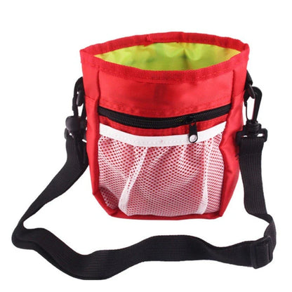 Drawstring pocket dog treat pouch with adjustable belt in red and black