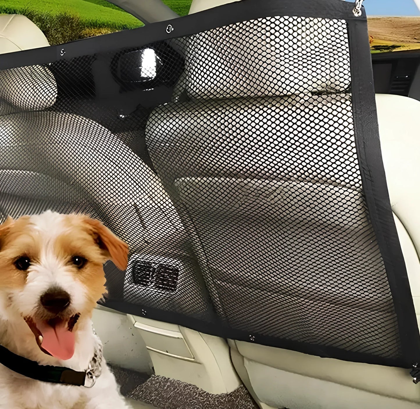 115cm x 62cm vehicle pet barrier with black micro-mesh and elastic straps installed in car