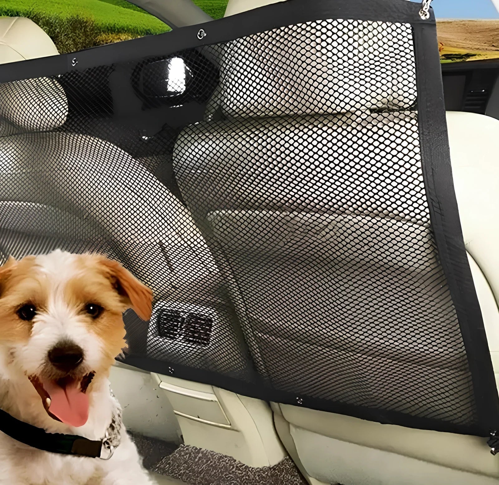 115cm x 62cm vehicle pet barrier with black micro-mesh and elastic straps installed in car