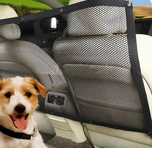115cm x 62cm vehicle pet barrier with black micro-mesh and elastic straps installed in car