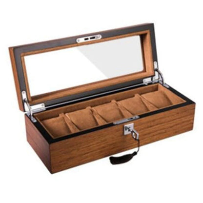 Matte wood grain lock watch storage box with 5 slots, brown finish