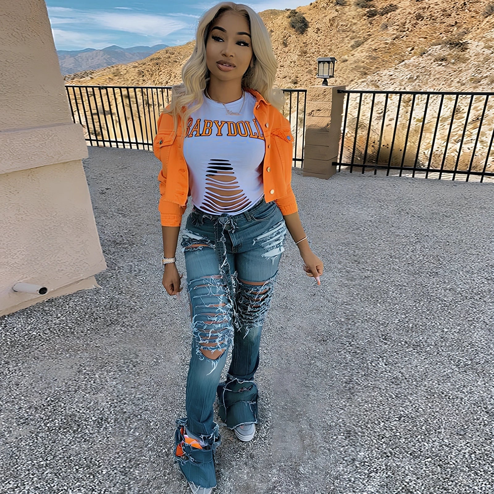 Orange cropped women's denim jacket with lapel collar, long sleeves 46cm, pockets, length 41cm, 0.35kg weight