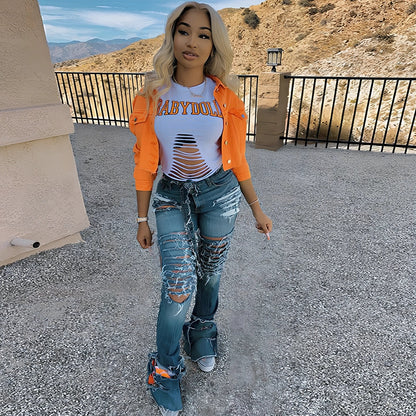 Orange cropped women's denim jacket with lapel collar, long sleeves 46cm, pockets, length 41cm, 0.35kg weight