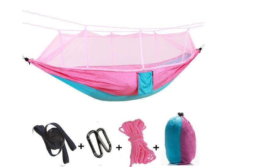 Parachute hammock with mosquito net in various colors and sizes, ideal for outdoor adventures and relaxation