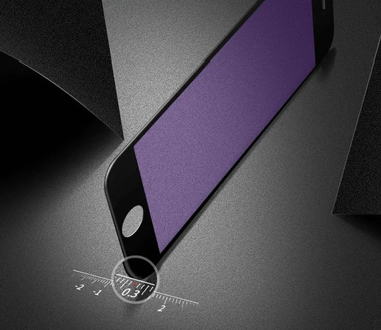 iPhone tempered glass screen protector with black soft edge shown on a phone