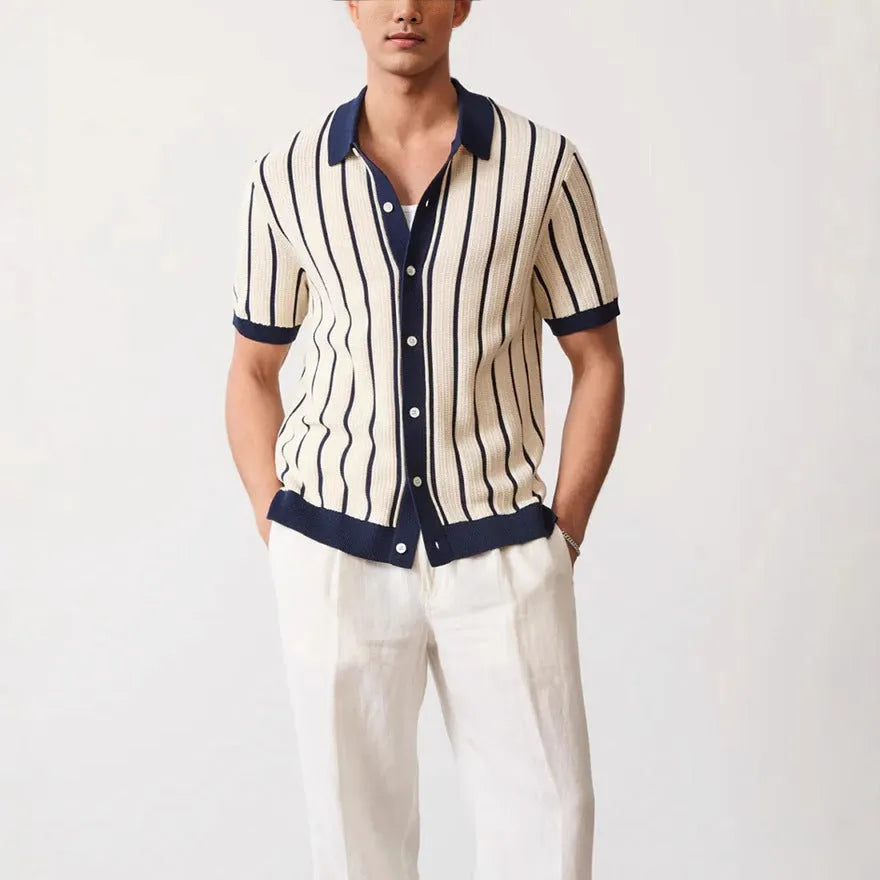 Men's white asymmetric lapel knitted top in ice silk spandex fabric