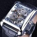 Winner men's Swiss hollow manual mechanical watch with rectangular alloy case and leather strap on white background