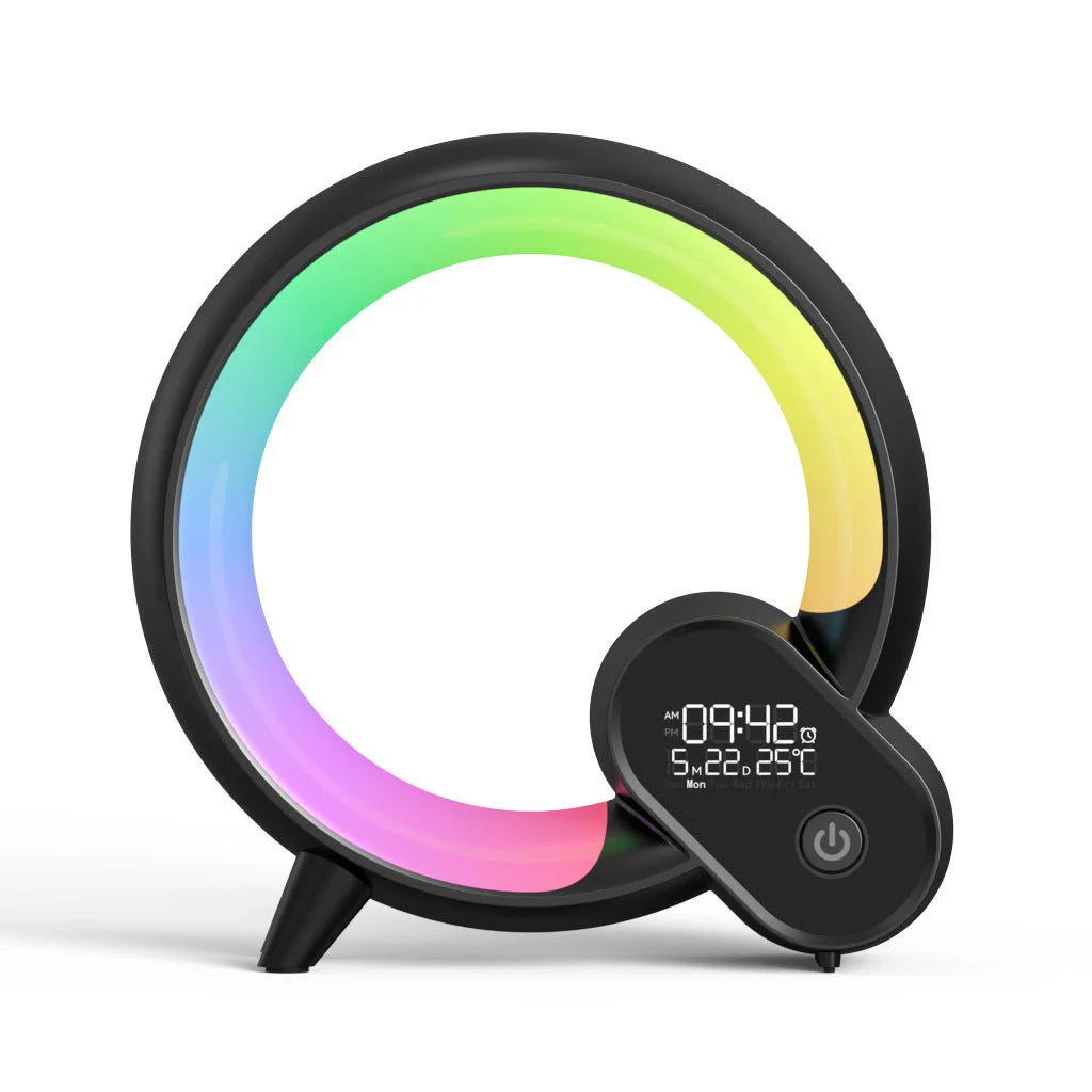 Sunrise-simulating alarm clock with Bluetooth connectivity, soothing white noise, and customizable RGB lighting for a relaxing sleep and wake-up experience