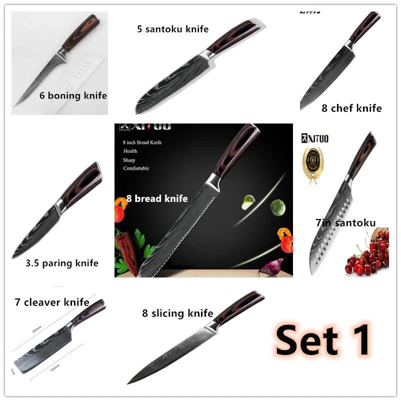 Premium stainless steel kitchen knife set with razor-sharp blades and ergonomic handles for precise cutting and slicing