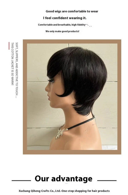 Short straight human hair wig with side bangs in natural black colour, showing 30cm length and realistic hairline
