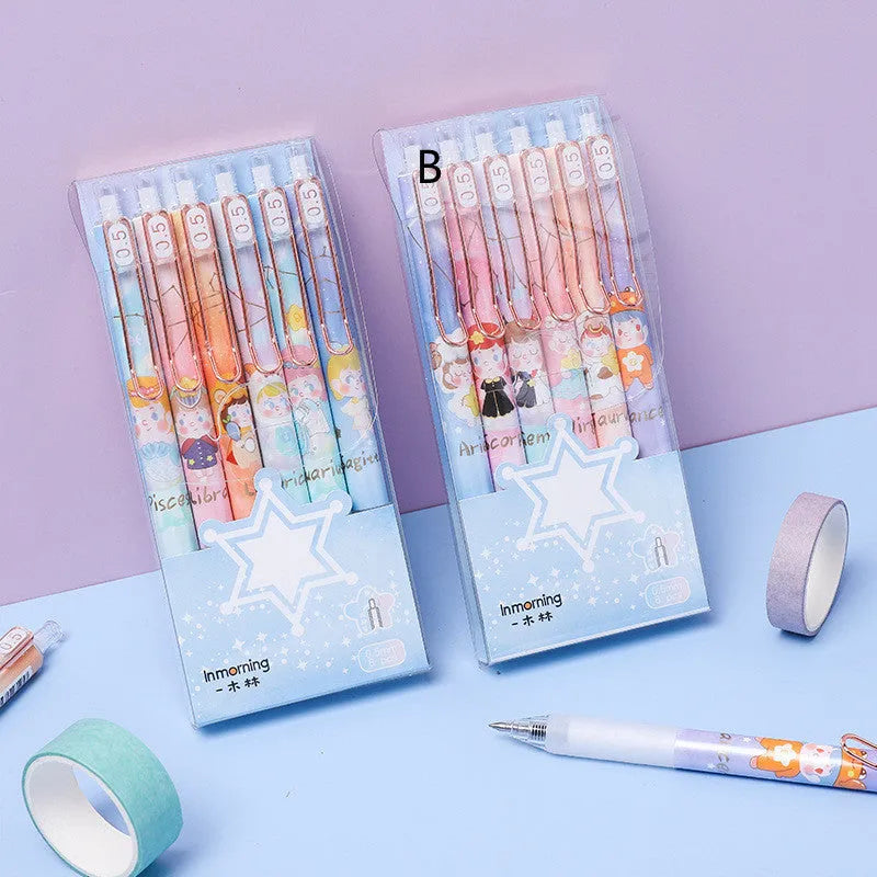 Six constellation-themed 0.5mm press gel pens with zodiac designs in plastic shells