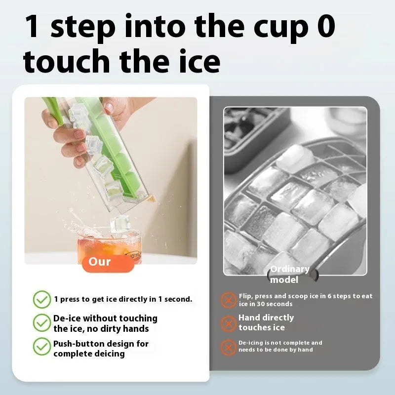 Food-grade plastic ice cube mould with one-press release mechanism and storage box